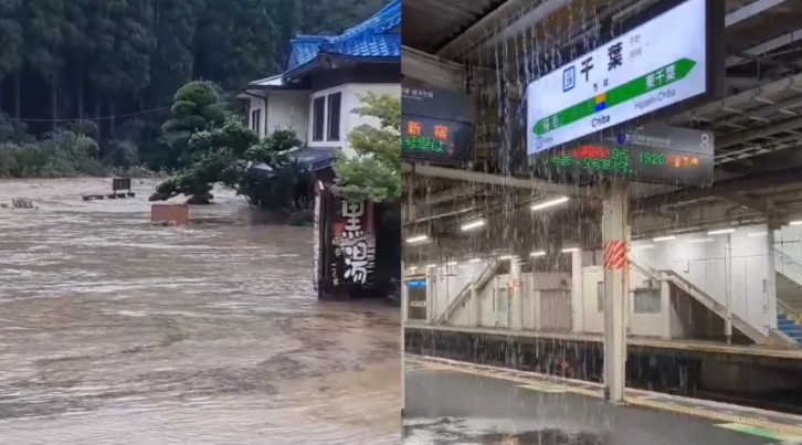 颱風「鴛鴦」侵襲日本，千葉觀光勝地淹水，JR車站漏水成小瀑布